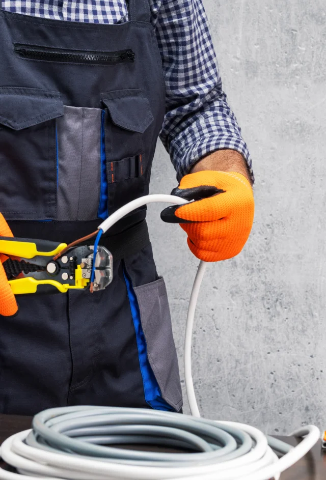 Un homme en salopette et gants orange tient un fil, travaillant sur l'installation de systèmes électriques.